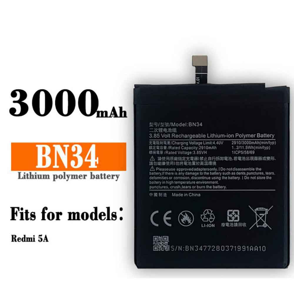 Batterie pour 3000MAH/11.5Wh 3.85V 4.4V BN34