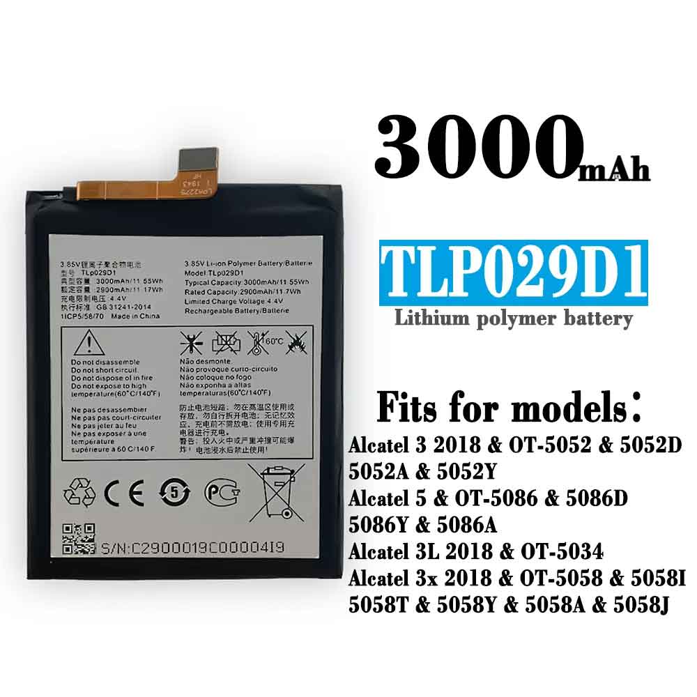 Batterie pour 3000mAh/11.55WH 3.85V 4.4V TLP029D1